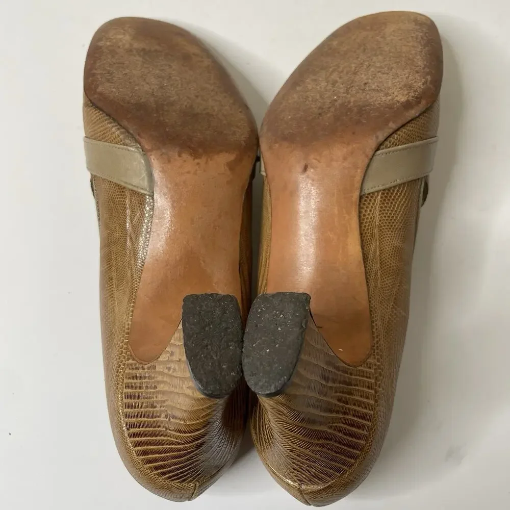 Agnes Sorel Size 6.5 Vintage Genuine Lizard High‎ Heels 90's Handmade Tan Brown